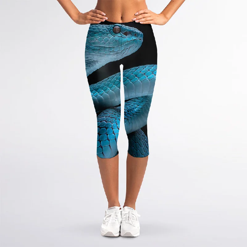 Turquoise Snake Print Women's Capri Leggings Fashionable High-Rise Leggings