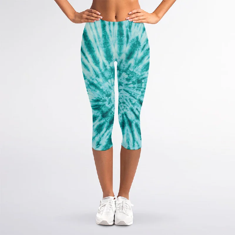 Turquoise Tie Dye Print Women's Capri Leggings Elegant Satin Finish Leggings