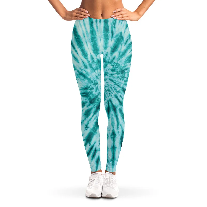 Turquoise Tie Dye Print Women's Leggings Stylish Stretch Print Leggings