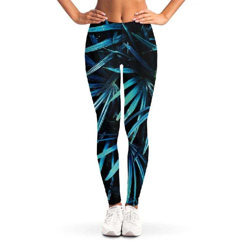 Turquoise Tropical Leaves Print Women's Leggings Stylish Everyday Leggings