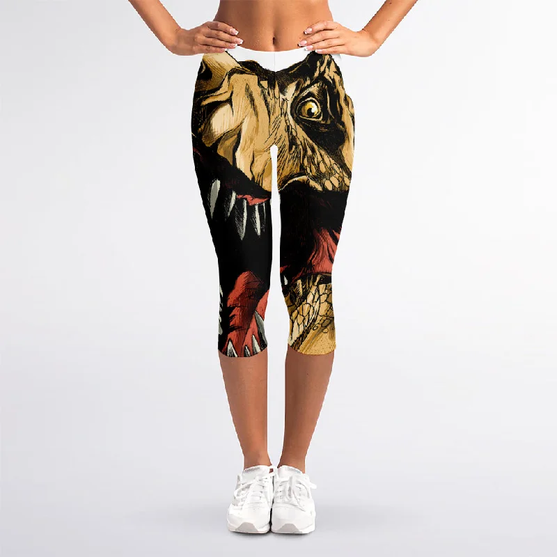 Tyrannosaurus Rex Head Print Women's Capri Leggings Trendy Sports Performance Leggings