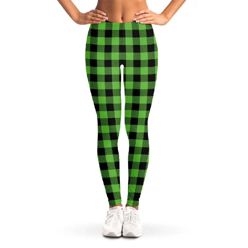 UFO Green And Black Buffalo Check Print Women's Leggings Elegant Full-Body Leggings