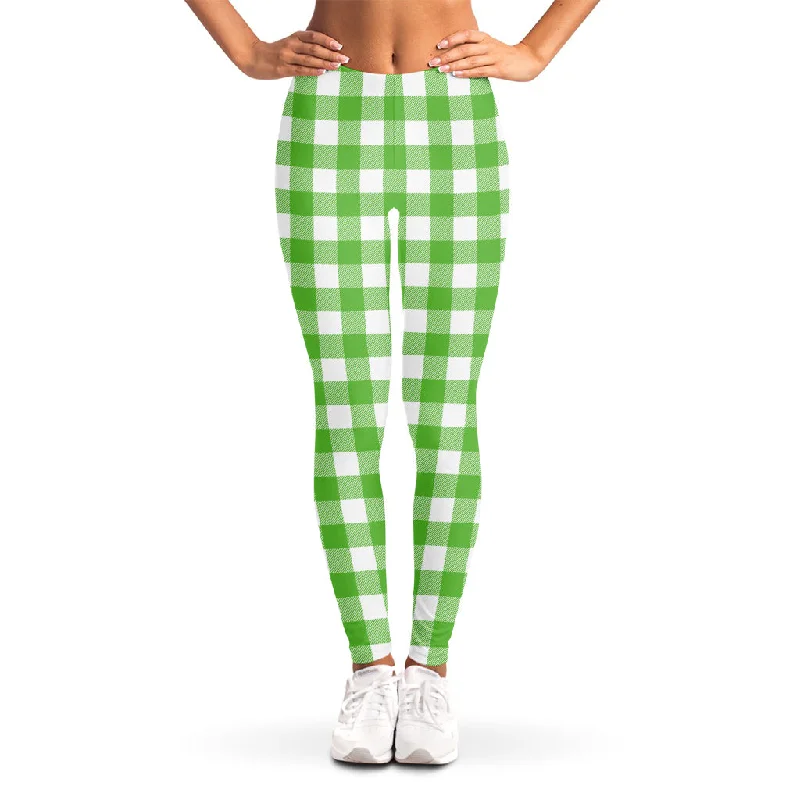 UFO Green And White Buffalo Check Print Women's Leggings Stylish Sweatproof Leggings