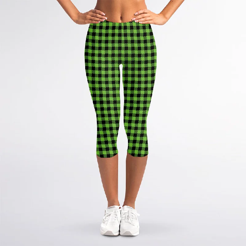 UFO Green Buffalo Plaid Print Women's Capri Leggings Stylish Printed Stretch Leggings