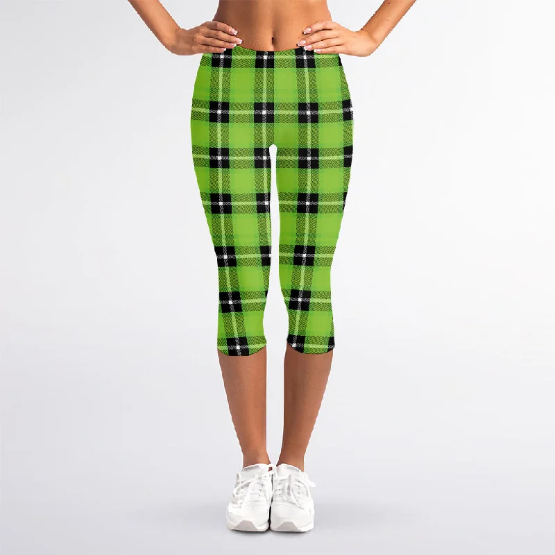 UFO Green Tartan Pattern Print Women's Capri Leggings Trendy Activewear Leggings