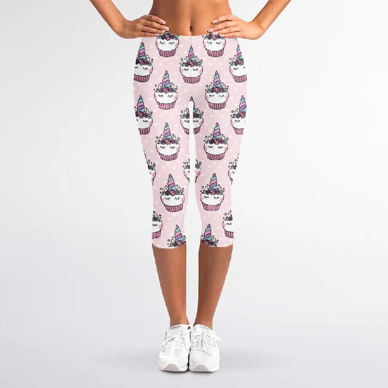 Unicorn Cupcake Pattern Print Women's Capri Leggings Comfortable Compression Leggings