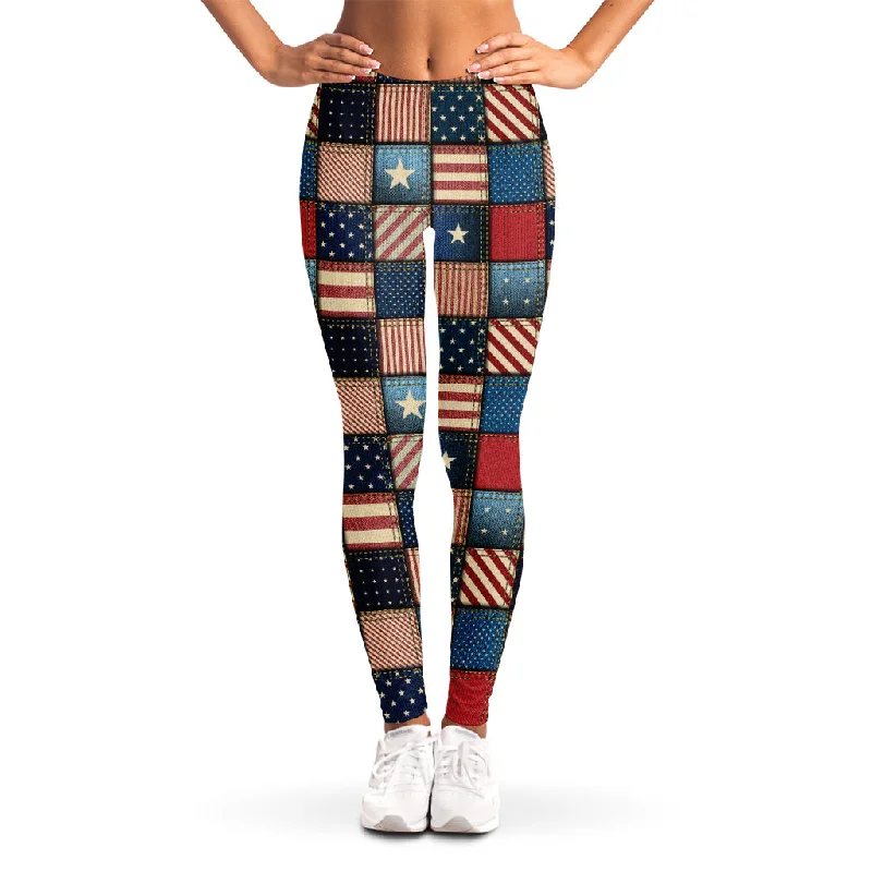 USA Denim Patchwork Pattern Print Women's Leggings Elegant Stretchy Faux Leather Leggings