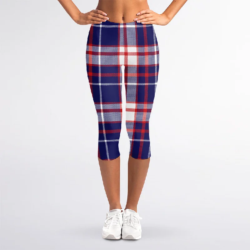 USA Patriotic Plaid Print Women's Capri Leggings Comfortable Athletic Tights