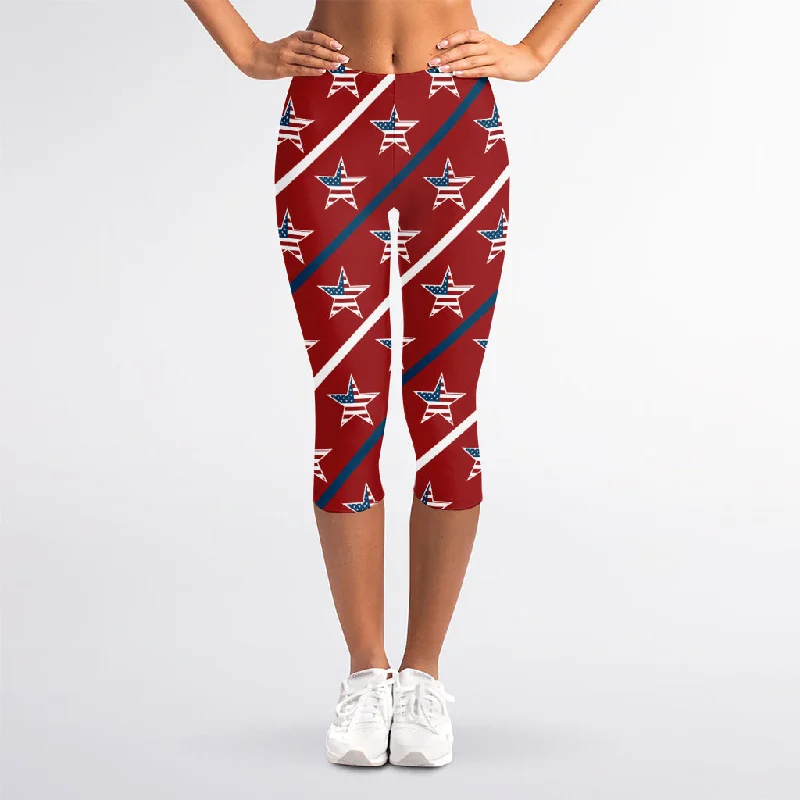 USA Patriotic Star Pattern Print Women's Capri Leggings Trendy Leather-Look Workout Leggings