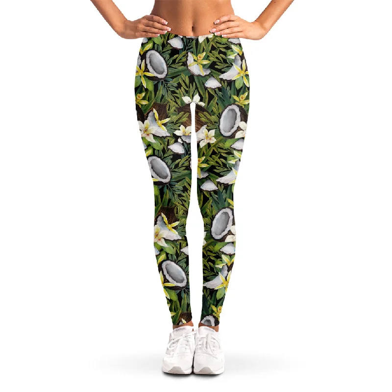 Vanilla Flower And Coconut Pattern Print Women's Leggings Chic Workout Leggings