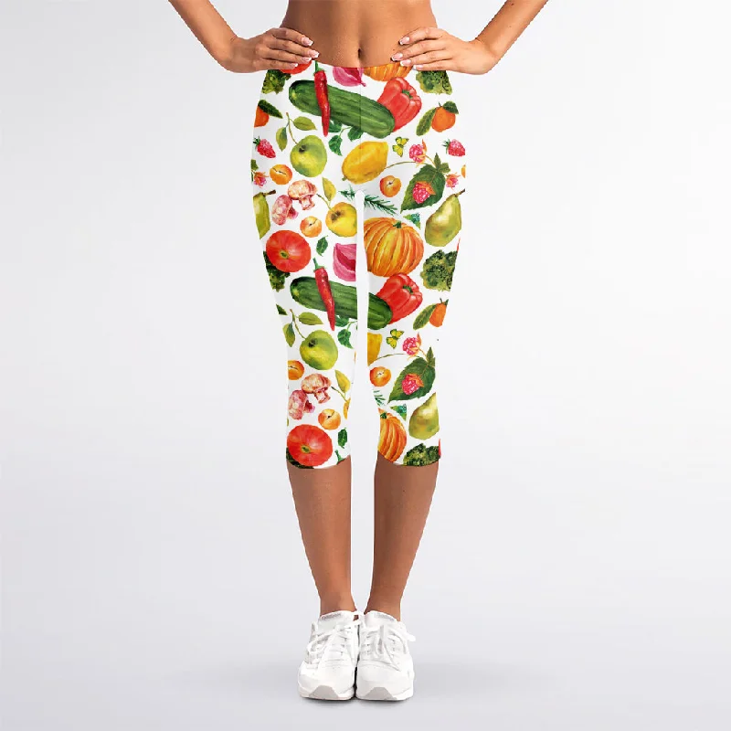 Vegan Fruits And Vegetables Print Women's Capri Leggings Comfortable Running Leggings