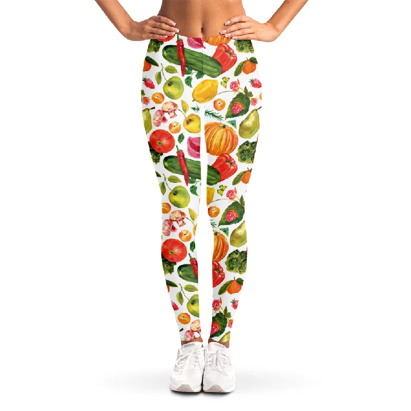 Vegan Fruits And Vegetables Print Women's Leggings Comfortable Wide-Band Leggings