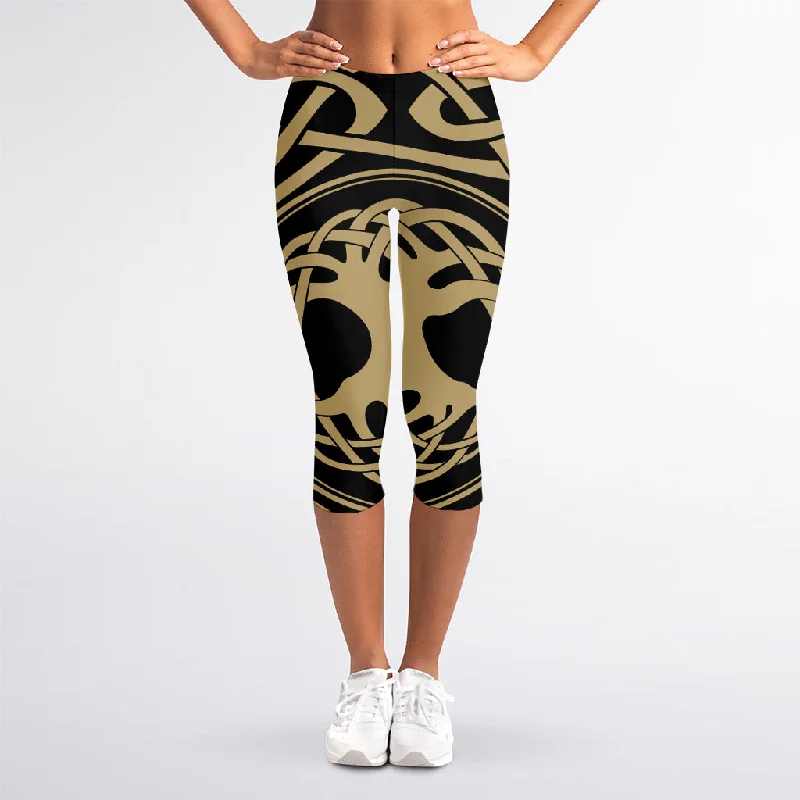 Viking Tree Of Life Print Women's Capri Leggings Cozy Workout Performance Leggings