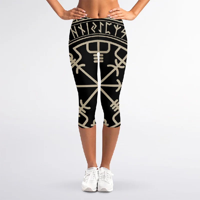 Viking Vegvisir Print Women's Capri Leggings Casual Black Leggings