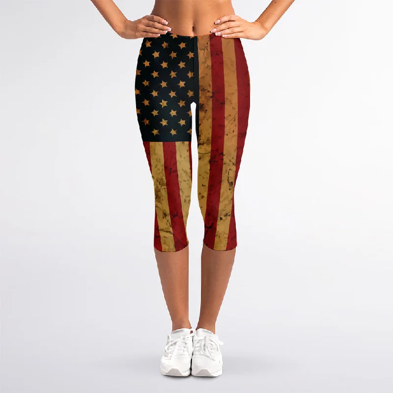 Vintage American Flag Print Women's Capri Leggings Elegant Stretchy Faux Leather Leggings