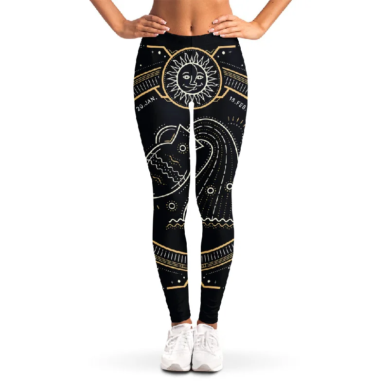 Vintage Aquarius Zodiac Sign Print Women's Leggings Fashionable Embroidered Detail Leggings