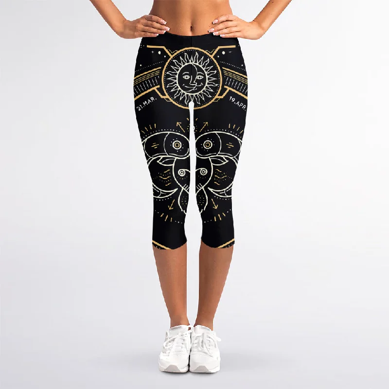 Vintage Aries Zodiac Sign Print Women's Capri Leggings Trendy Color Block Leggings