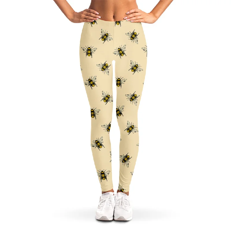 Vintage Bee Pattern Print Women's Leggings Comfortable Slim Fit Leggings