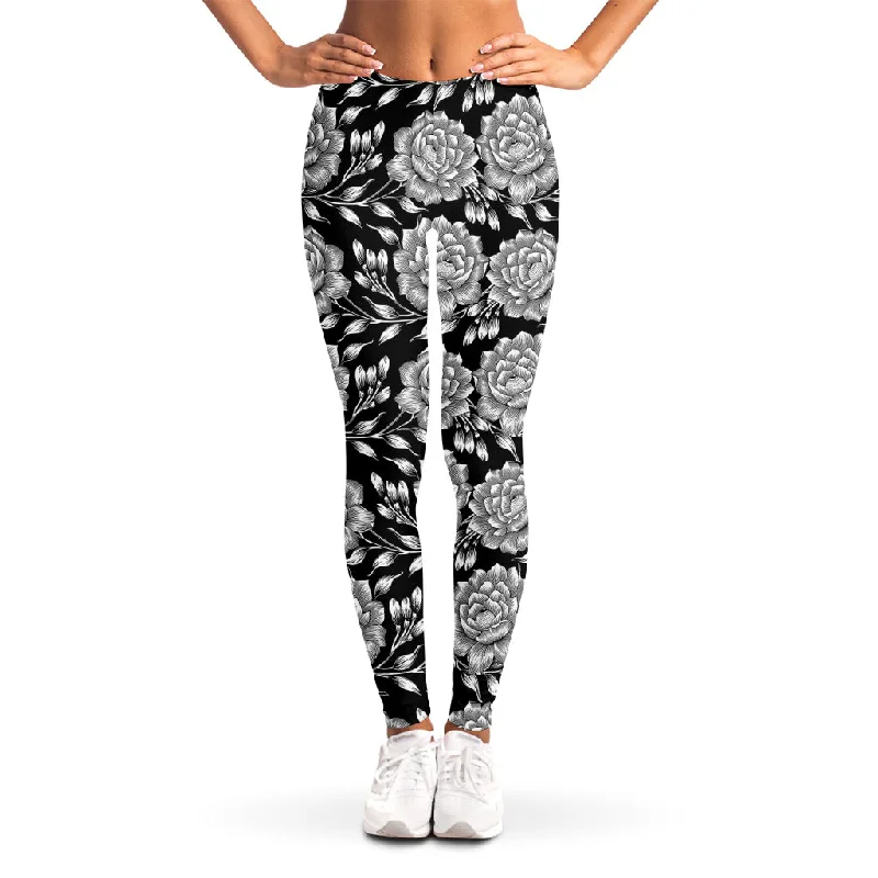 Vintage Black And White Floral Print Women's Leggings Comfortable Classic Yoga Leggings