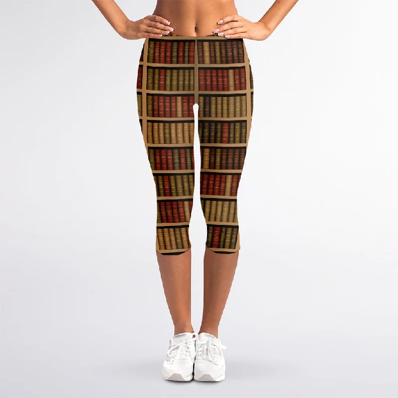 Vintage Bookshelf Pattern Print Women's Capri Leggings Comfortable Workout Fitness Leggings