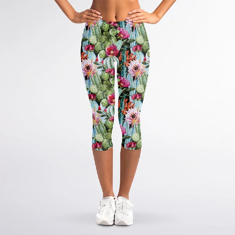 Vintage Cactus And Flower Print Women's Capri Leggings Fashionable Tummy Control Leggings