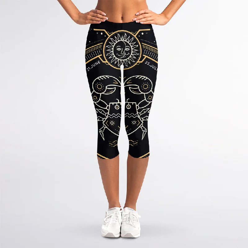 Vintage Cancer Zodiac Sign Print Women's Capri Leggings Comfortable Plus Size Leggings