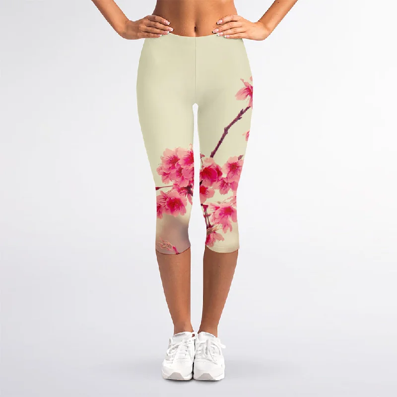 Vintage Cherry Blossom Print Women's Capri Leggings Stylish Ankle-Length Leggings