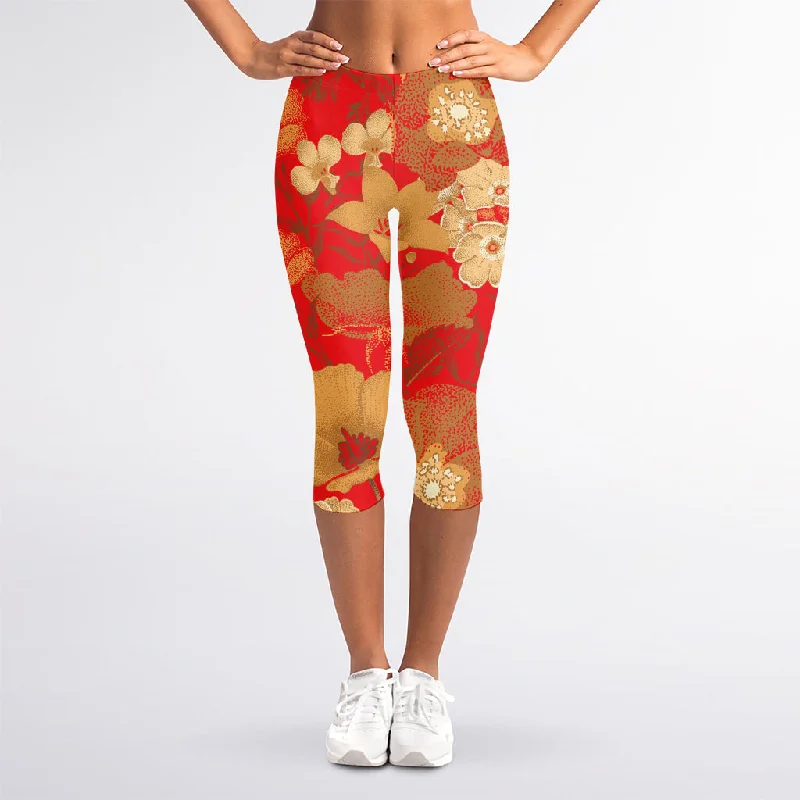 Vintage Chinese Flower Print Women's Capri Leggings Stylish Yoga Leggings