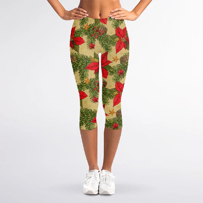 Vintage Christmas Poinsettia Print Women's Capri Leggings Stylish Lightweight Leggings