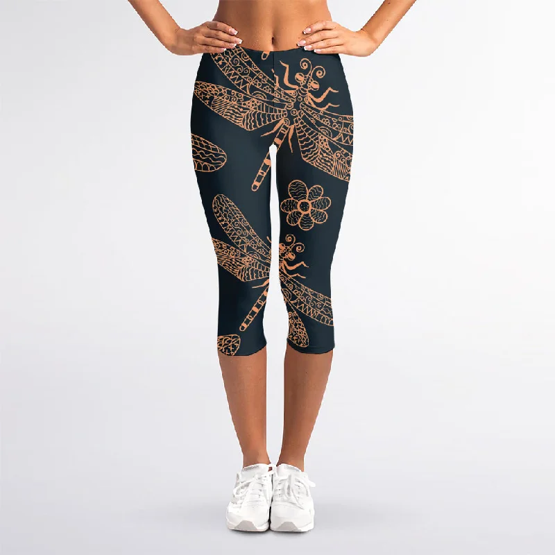 Vintage Dragonfly Pattern Print Women's Capri Leggings Comfortable Bootcut Workout Leggings