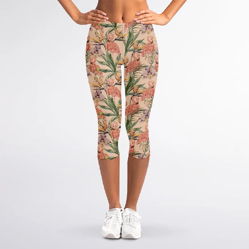 Vintage Flamingo Pattern Print Women's Capri Leggings Comfortable Slim Fit Leggings