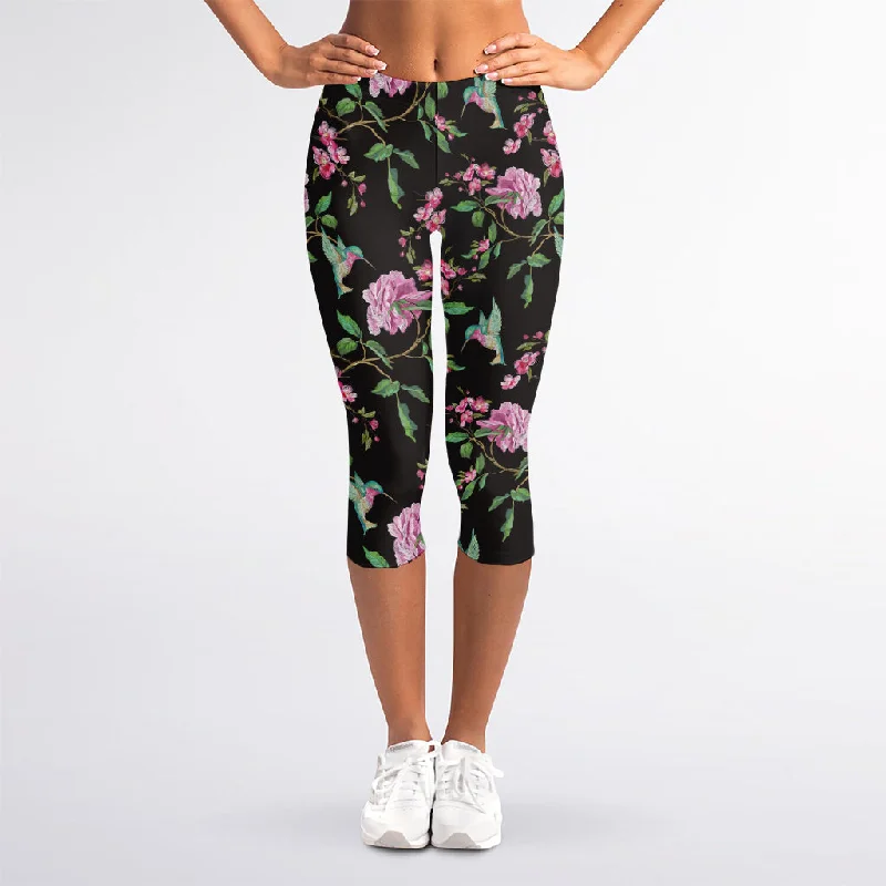 Vintage Floral Hummingbird Print Women's Capri Leggings Comfortable Printed Workout Leggings