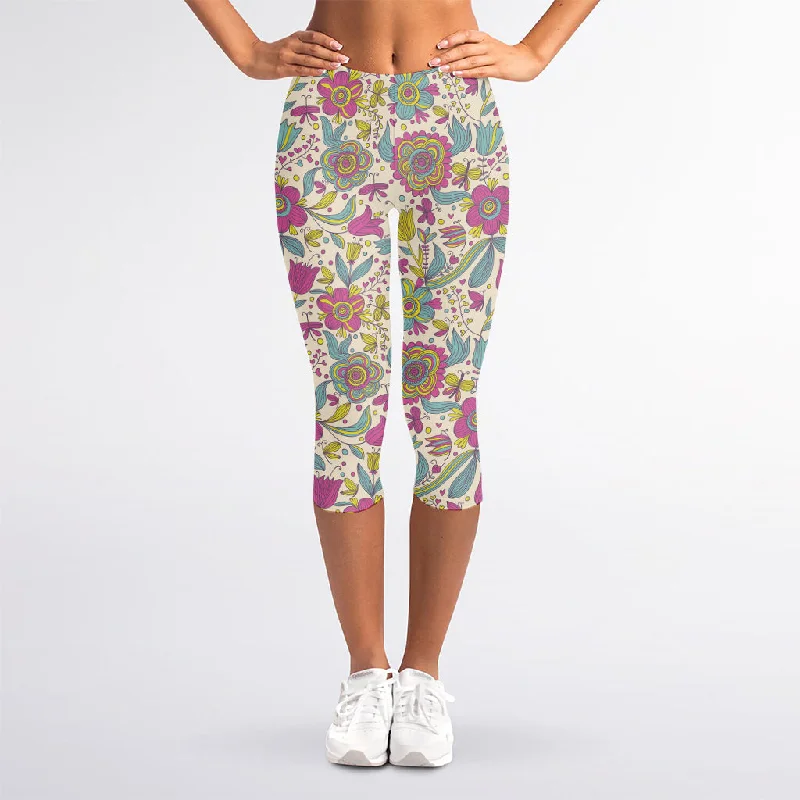 Vintage Girly Floral Print Women's Capri Leggings Trendy High-Waist Tummy Control Leggings