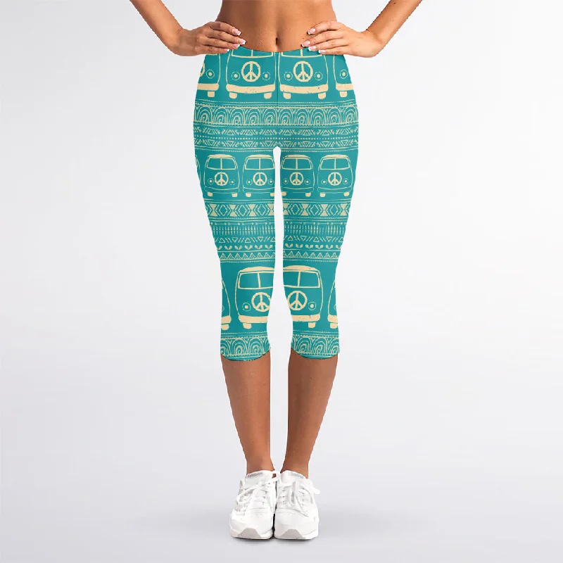 Vintage Hippie Van Pattern Print Women's Capri Leggings Stylish Pockets Active Leggings