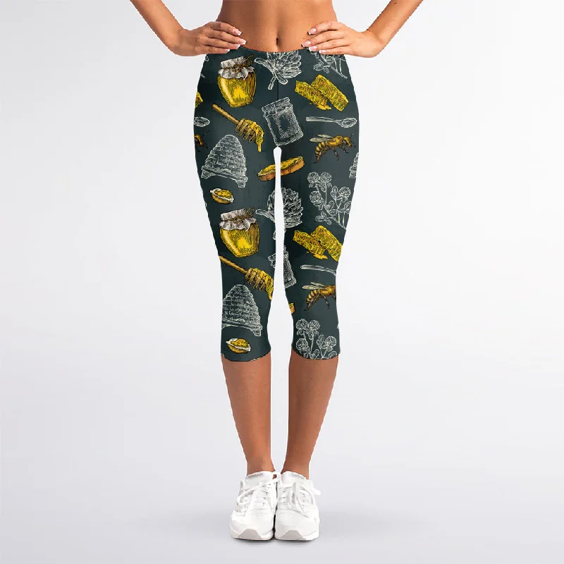 Vintage Honey Bee Print Women's Capri Leggings Trendy Foil Finish Leggings