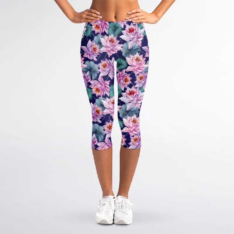 Vintage Lotus Flower Print Women's Capri Leggings Cozy Bootcut Leggings