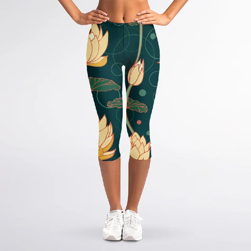 Vintage Lotus Pattern Print Women's Capri Leggings Stylish Ankle-Length Leggings