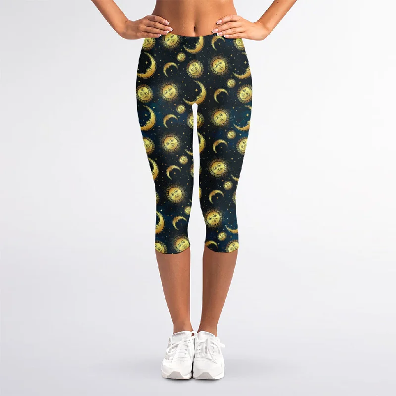 Vintage Moon And Sun Pattern Print Women's Capri Leggings Trendy Fitness Leggings