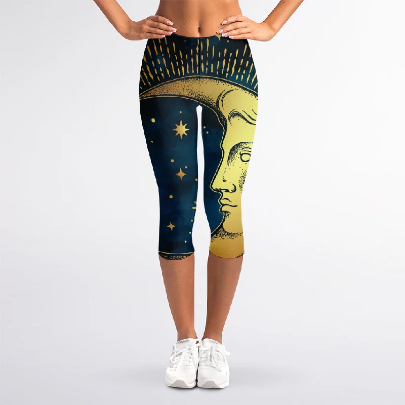 Vintage Moon And Sun Print Women's Capri Leggings Stylish Athletic Wear Leggings