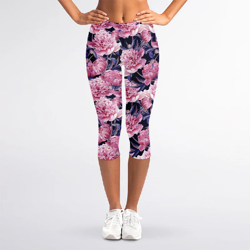 Vintage Pink Peony Floral Print Women's Capri Leggings Chic Smooth Fit Leggings