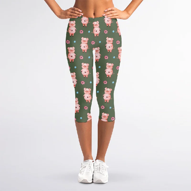 Vintage Pink Pig Pattern Print Women's Capri Leggings Elegant Textured Leggings