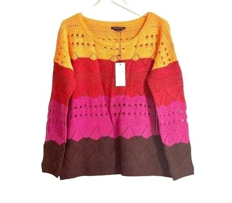 Women's Striped Oversized Knit Sweater In Orange Print Jacquard Patchwork