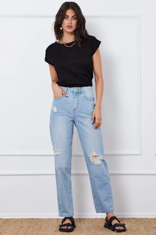 Blue Boyfriend Denim Jeans High Rise Fashionable Mom Jeans