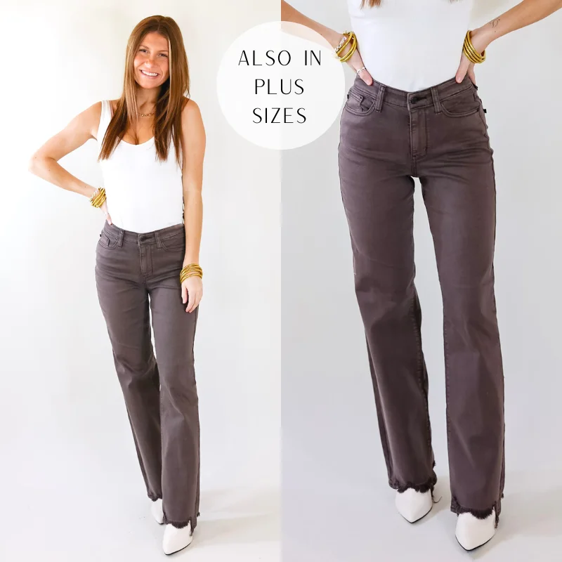 Last Chance Size 0, 15, 20W, 22W & 24W | Judy Blue | New Attention 90's Destroy Hem Straight Leg Jeans in Dark Brown Stylish High-Waist Jeans