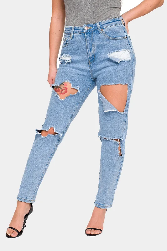 Destroyed Cropped High Rise Boyfriend Jeans Fashionable Slim Fit Jeans