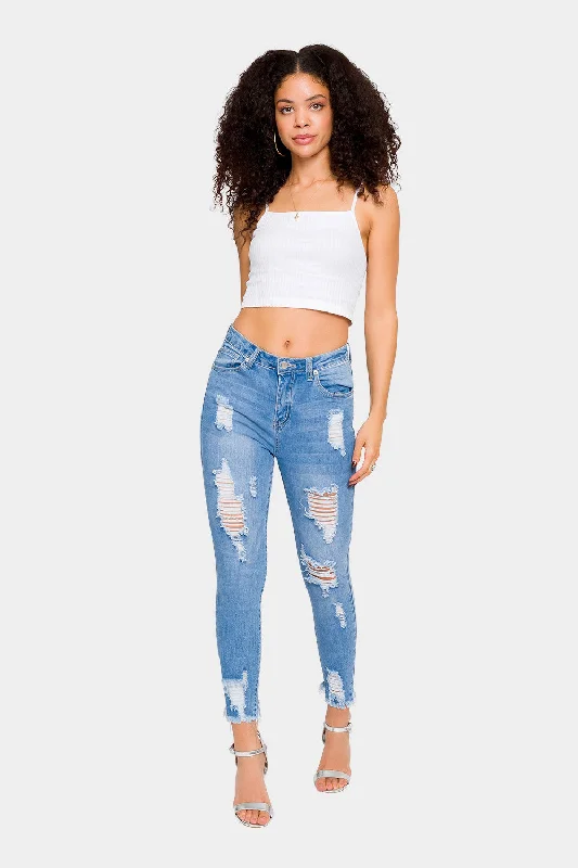 Distressed High Rise Skinny Jeans Comfortable Faded High-Rise Jeans