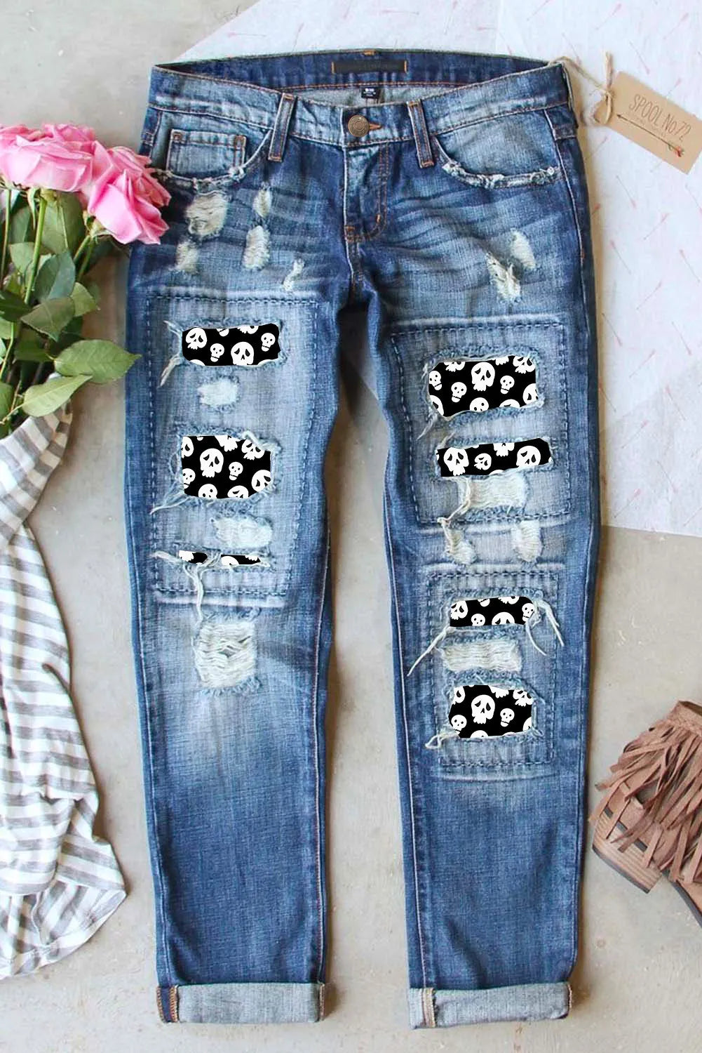 Distressed Skeleton Pattern Jeans with Pockets Trendy Patchwork Denim Jeans