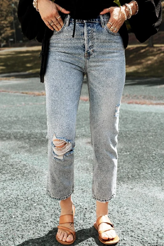 Distressed Straight Jeans with Pockets Trendy Skinny High-Waist Jeans