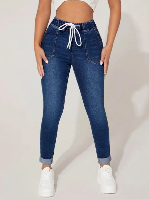 Drawstring Cropped Jeans Comfortable Zip-Fly Denim Jeans