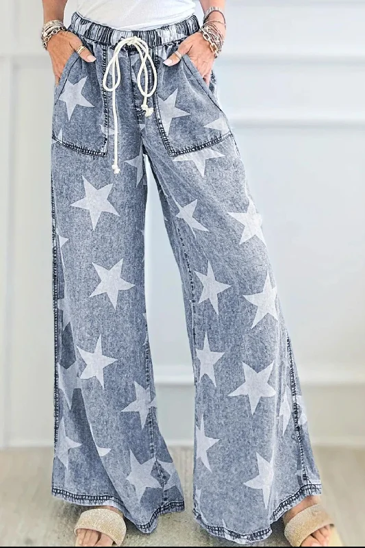 Drawstring Star Wide Leg Jeans Cozy Tencel Blend Denim Jeans